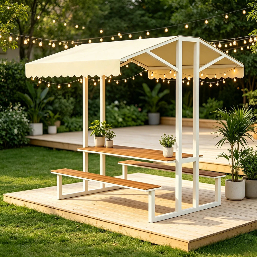 SOLARA Outdoor Table Bench Set with Canopy Metal Frame WPC Surface 120/160/200cm for Patio Garden Cafe - White