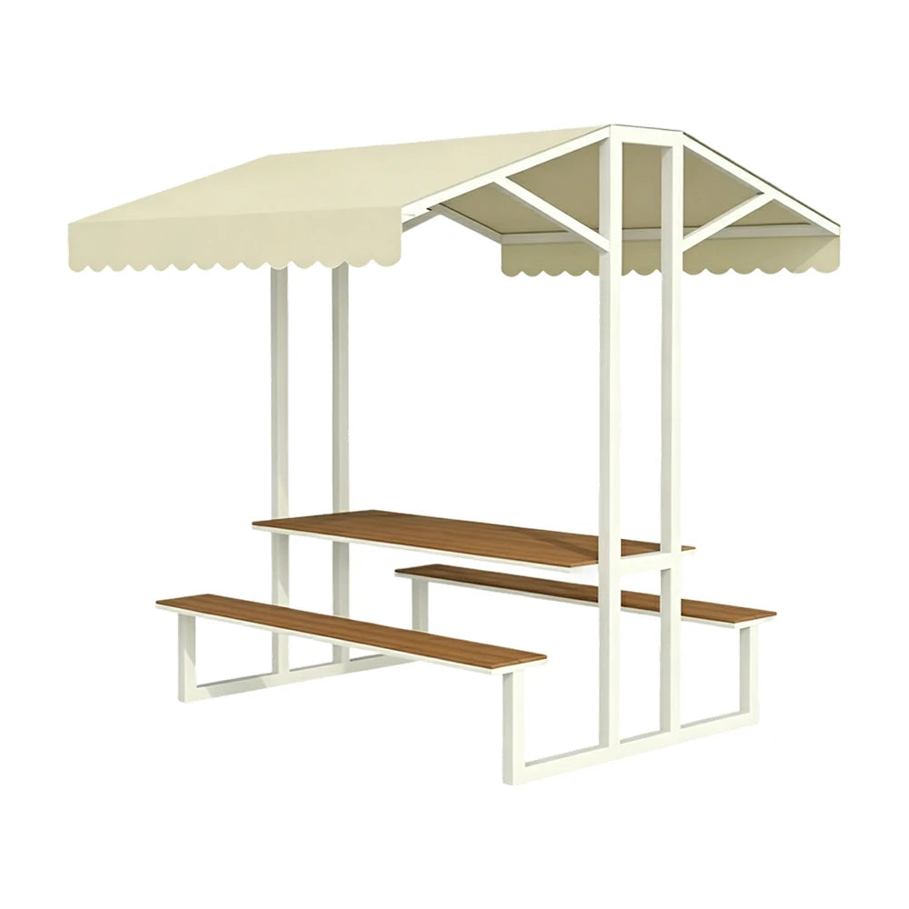 SOLARA Outdoor Table Bench Set with Canopy Metal Frame WPC Surface 120/160/200cm for Patio Garden Cafe - White