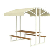 SOLARA Outdoor Table Bench Set with Canopy Metal Frame WPC Surface 120/160/200cm for Patio Garden Cafe - White