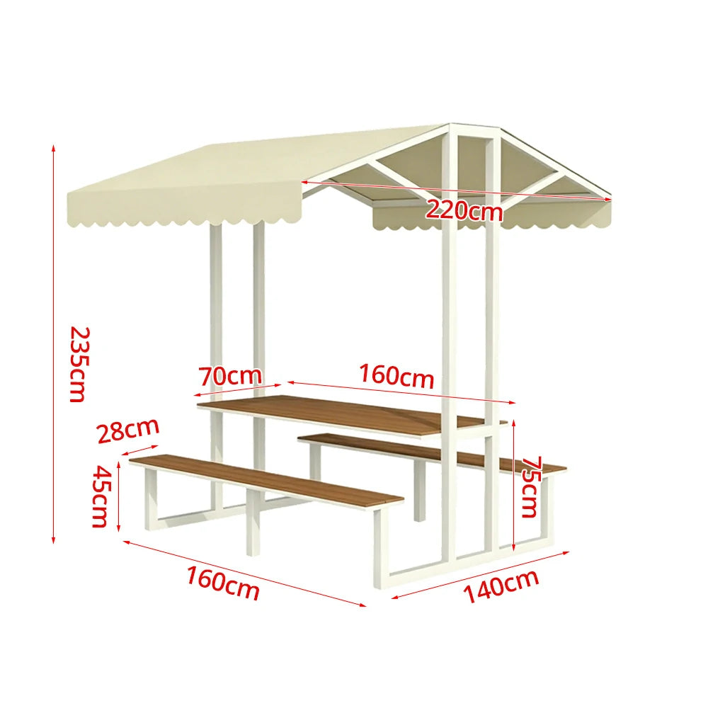 SOLARA Outdoor Table Bench Set with Canopy Metal Frame WPC Surface 120/160/200cm for Patio Garden Cafe - White
