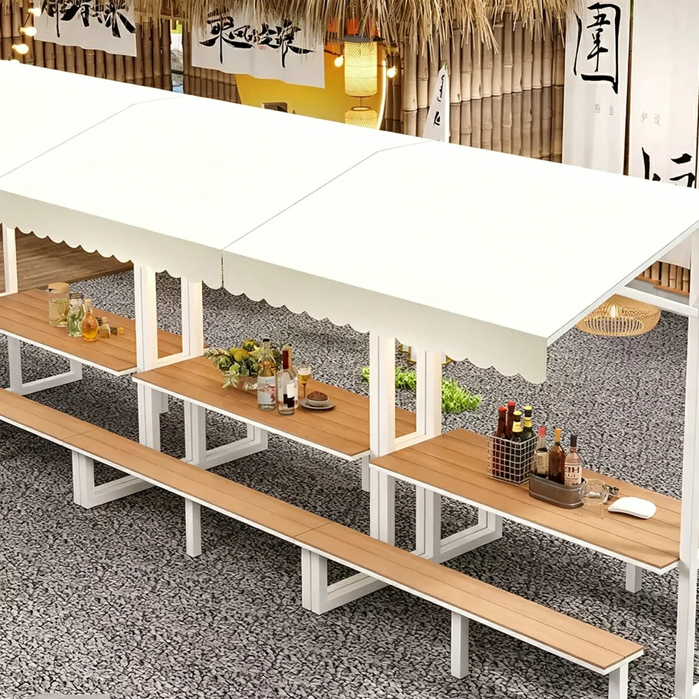 SOLARA Outdoor Table Bench Set with Canopy Metal Frame WPC Surface 120/160/200cm for Patio Garden Cafe - White