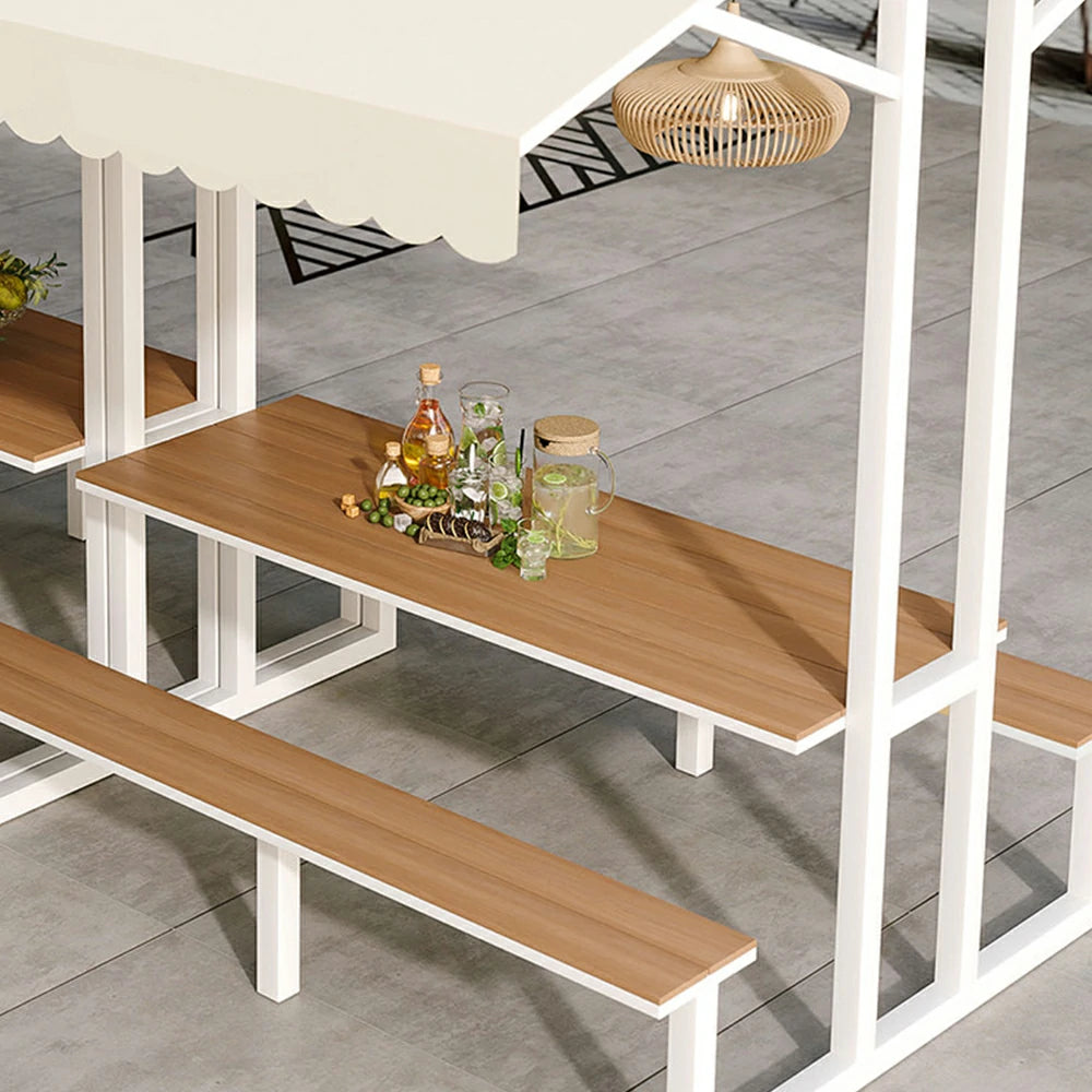 SOLARA Outdoor Table Bench Set with Canopy Metal Frame WPC Surface 120/160/200cm for Patio Garden Cafe - White
