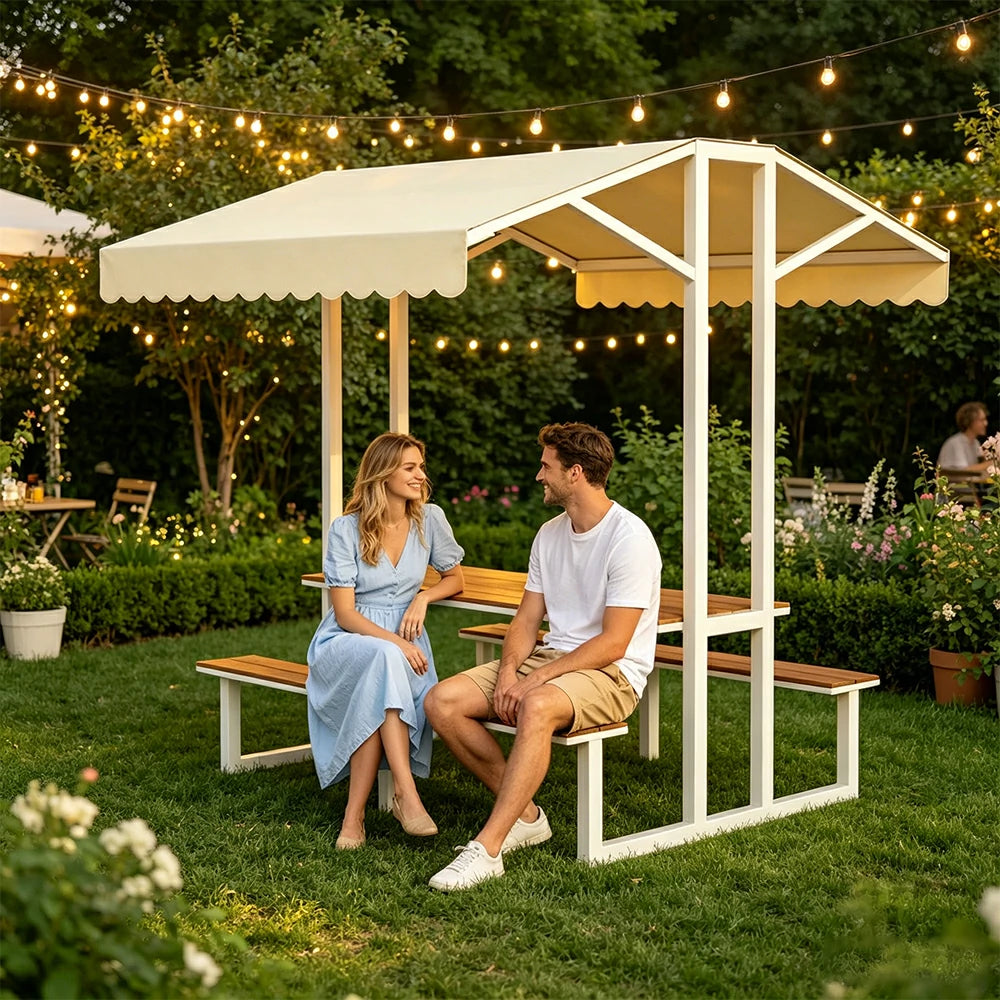 SOLARA Outdoor Table Bench Set with Canopy Metal Frame WPC Surface 120/160/200cm for Patio Garden Cafe - White