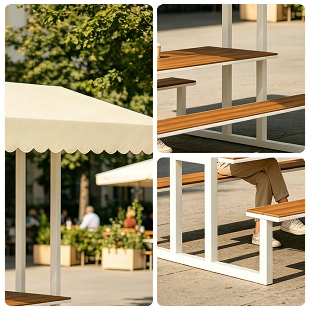 SOLARA Outdoor Table Bench Set with Canopy Metal Frame WPC Surface 120/160/200cm for Patio Garden Cafe - White