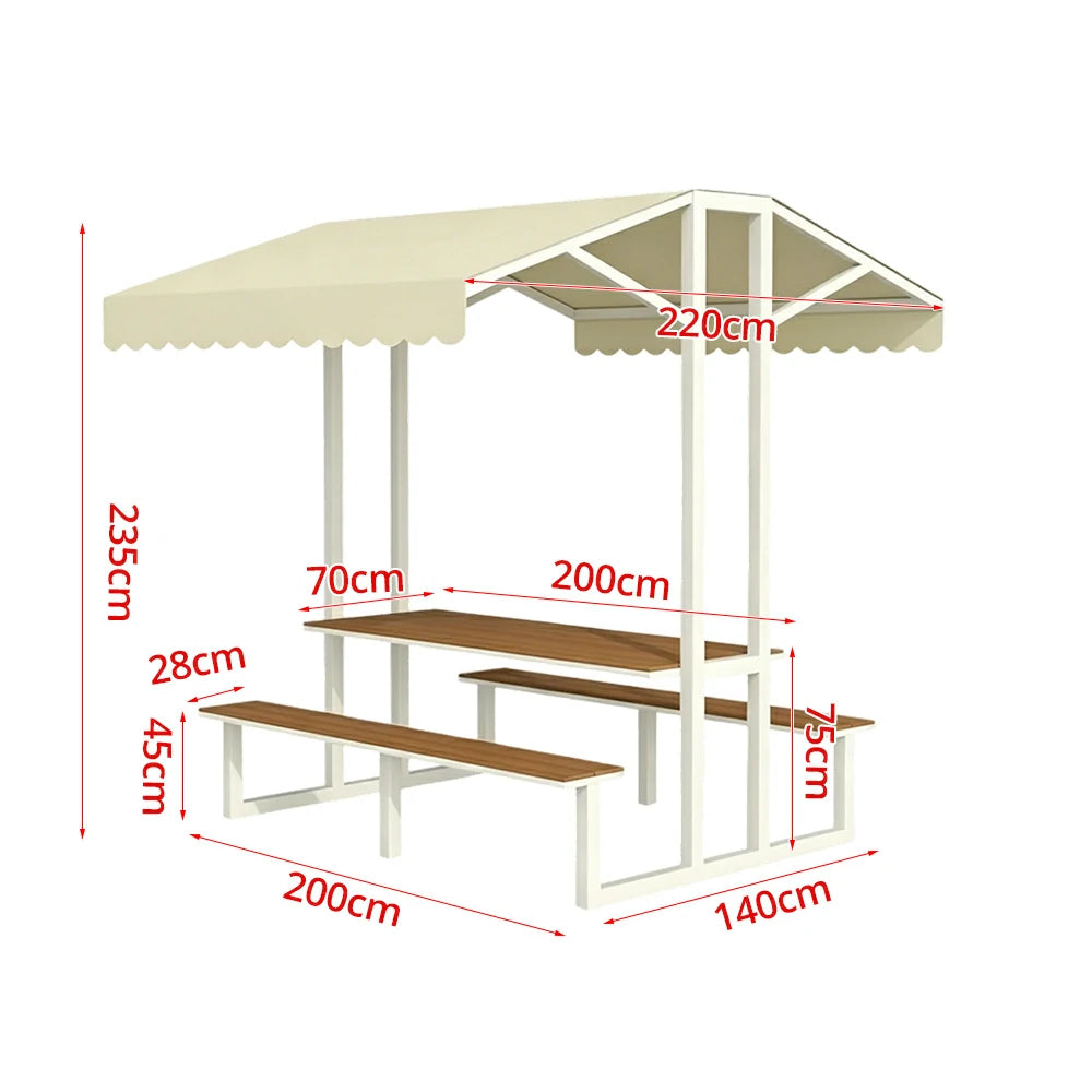 SOLARA Outdoor Table Bench Set with Canopy Metal Frame WPC Surface 120/160/200cm for Patio Garden Cafe - White