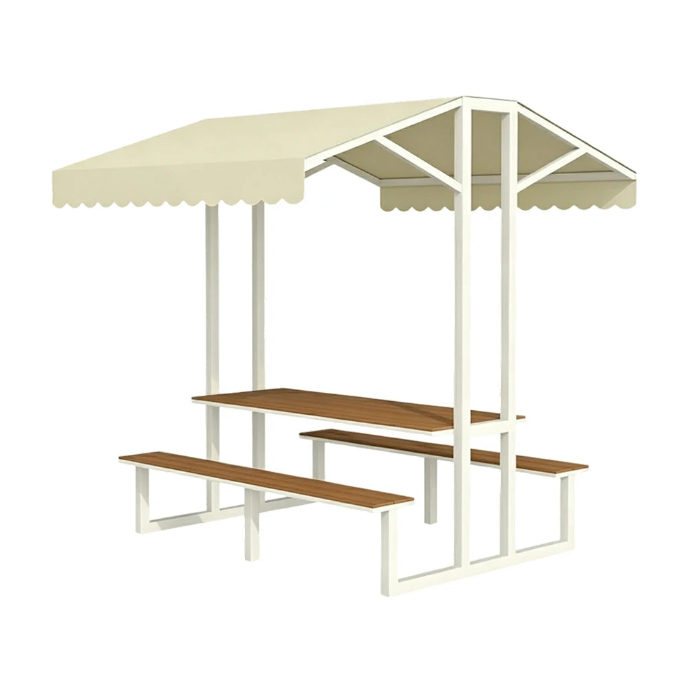 SOLARA Outdoor Table Bench Set with Canopy Metal Frame WPC Surface 120/160/200cm for Patio Garden Cafe - White