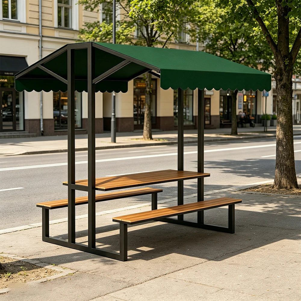 SOLARA Outdoor Table Bench Set with Canopy Metal Frame WPC Surface 120/160/200cm for Patio Garden Cafe - Black