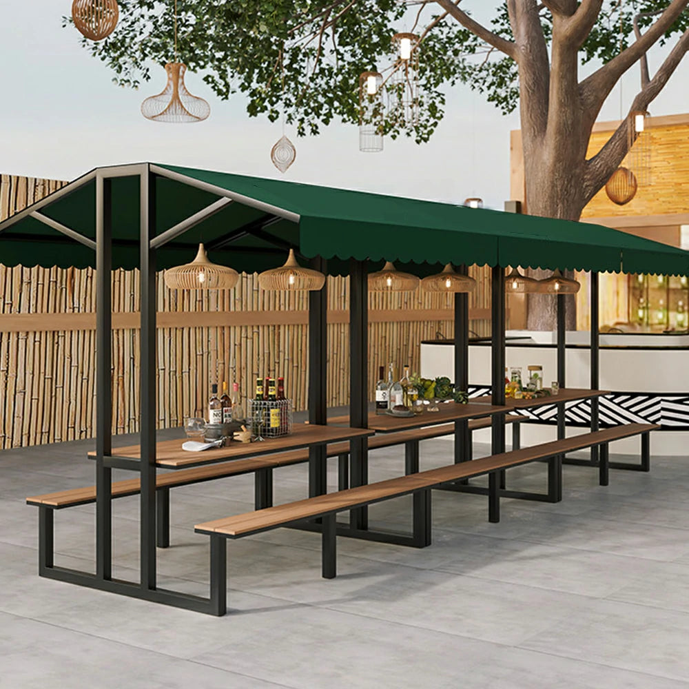 SOLARA Outdoor Table Bench Set with Canopy Metal Frame WPC Surface 120/160/200cm for Patio Garden Cafe - Black