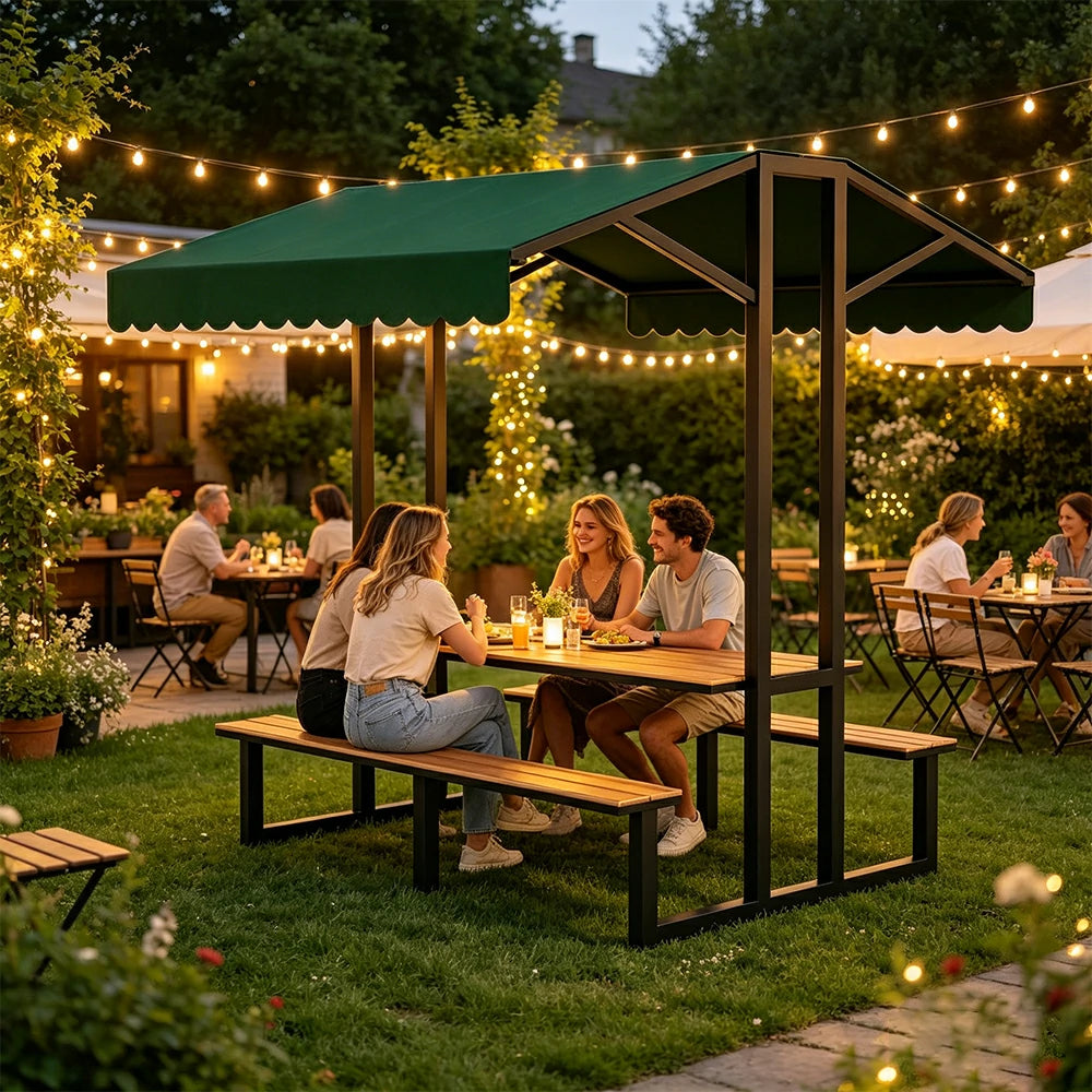SOLARA Outdoor Table Bench Set with Canopy Metal Frame WPC Surface 120/160/200cm for Patio Garden Cafe - Black