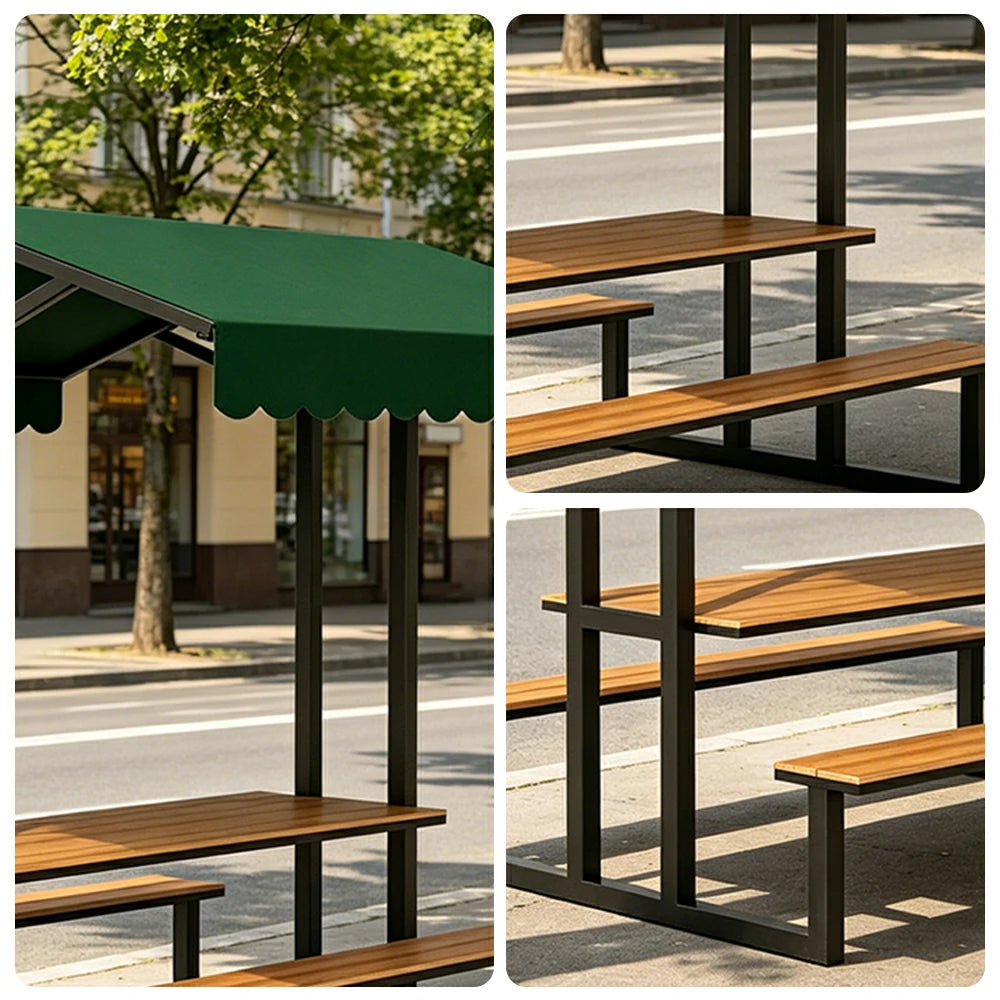 SOLARA Outdoor Table Bench Set with Canopy Metal Frame WPC Surface 120/160/200cm for Patio Garden Cafe - Black