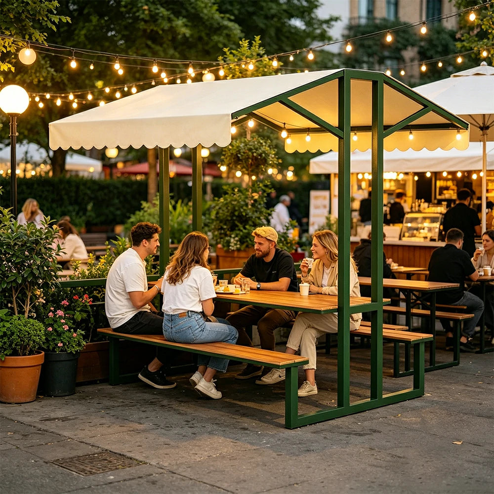 SOLARA Outdoor Table Bench Set with Canopy Metal Frame WPC Surface 120/160/200cm for Patio Garden Cafe - Dark Green