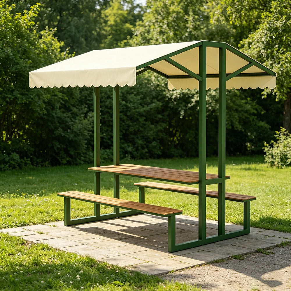SOLARA Outdoor Table Bench Set with Canopy Metal Frame WPC Surface 120/160/200cm for Patio Garden Cafe - Dark Green