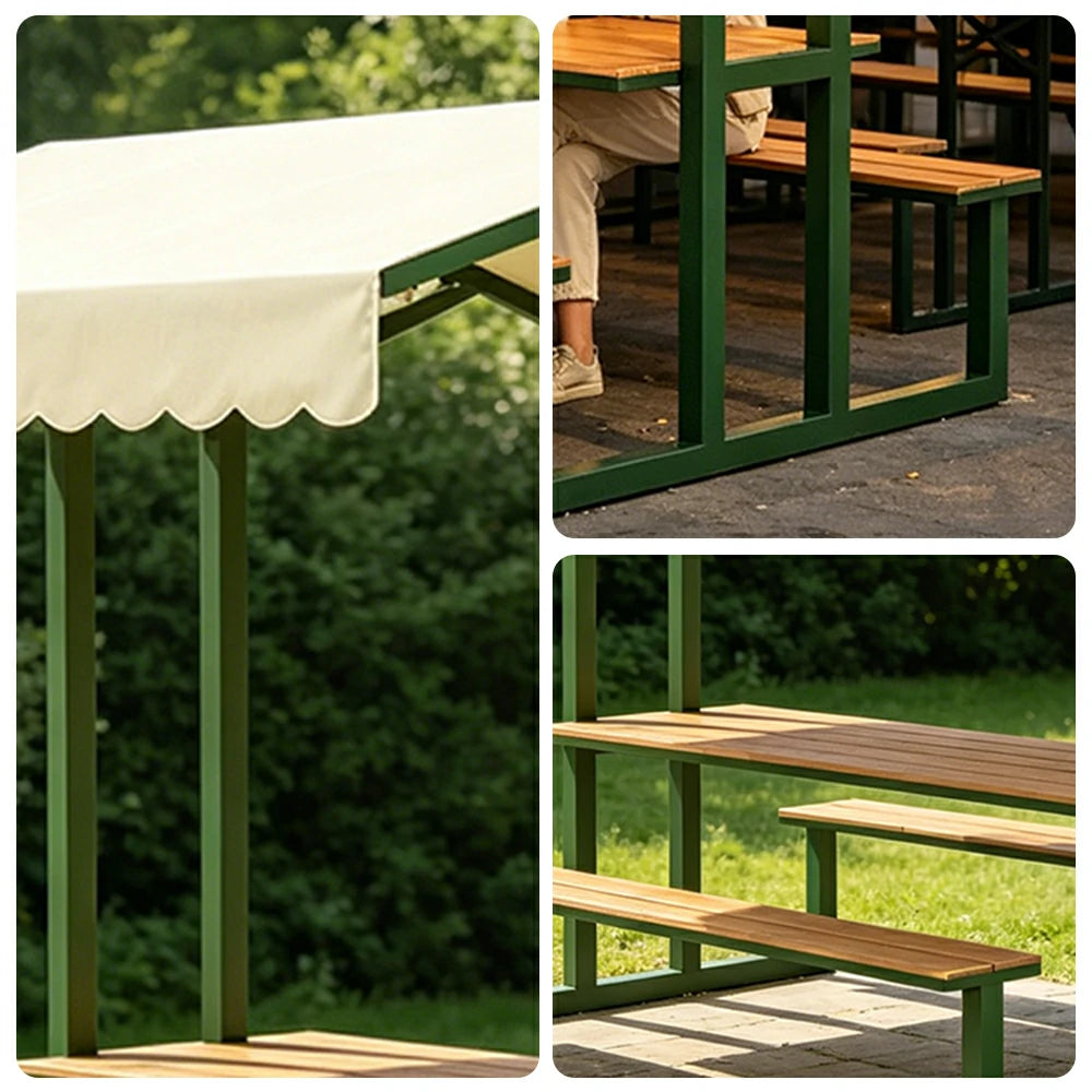 SOLARA Outdoor Table Bench Set with Canopy Metal Frame WPC Surface 120/160/200cm for Patio Garden Cafe - Dark Green
