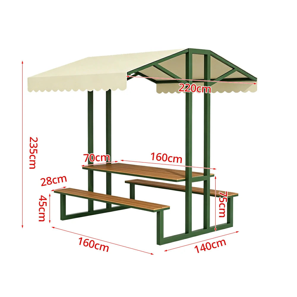 SOLARA Outdoor Table Bench Set with Canopy Metal Frame WPC Surface 120/160/200cm for Patio Garden Cafe - Dark Green