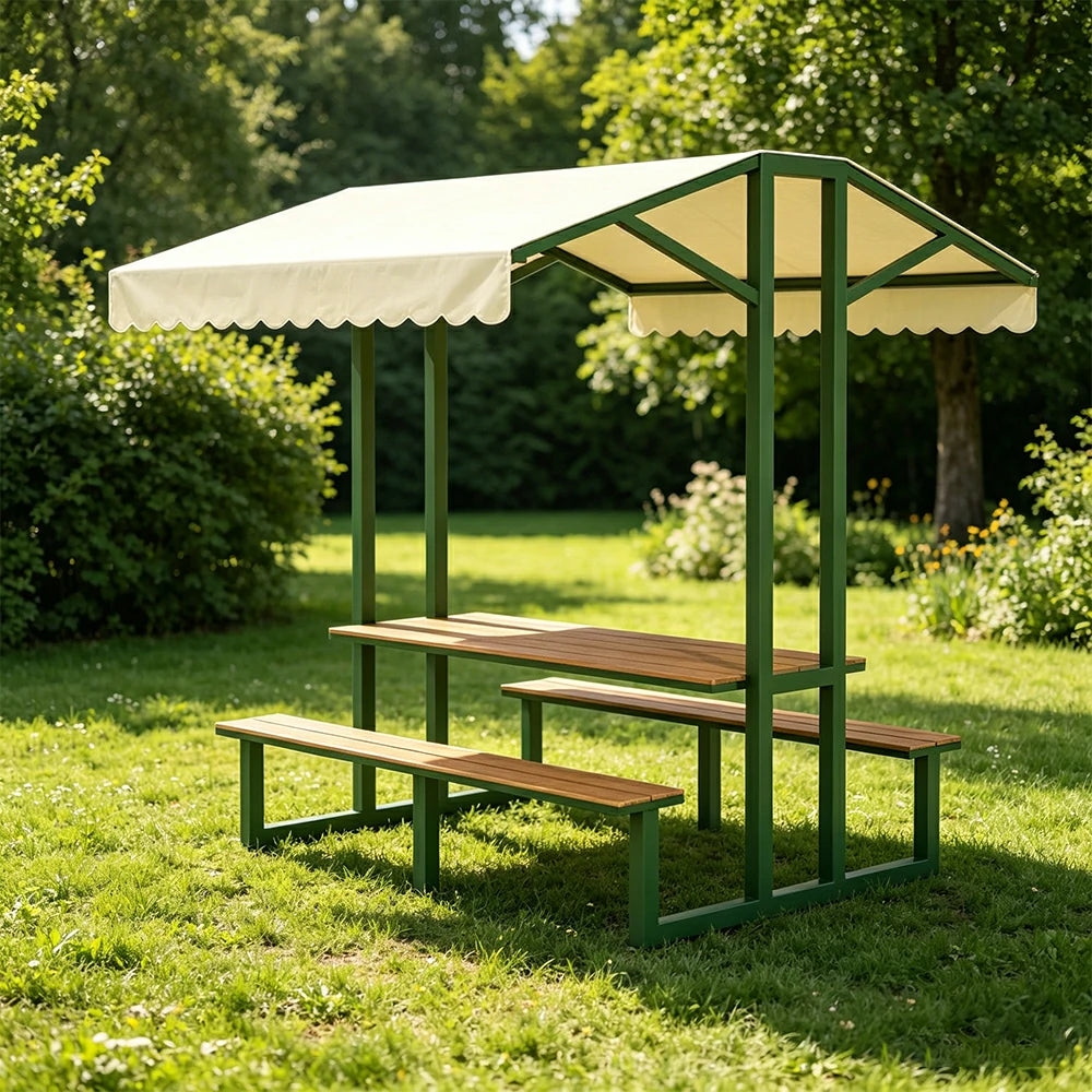 SOLARA Outdoor Table Bench Set with Canopy Metal Frame WPC Surface 120/160/200cm for Patio Garden Cafe - Dark Green