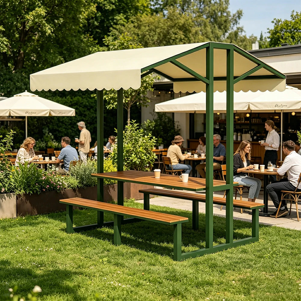 SOLARA Outdoor Table Bench Set with Canopy Metal Frame WPC Surface 120/160/200cm for Patio Garden Cafe - Dark Green