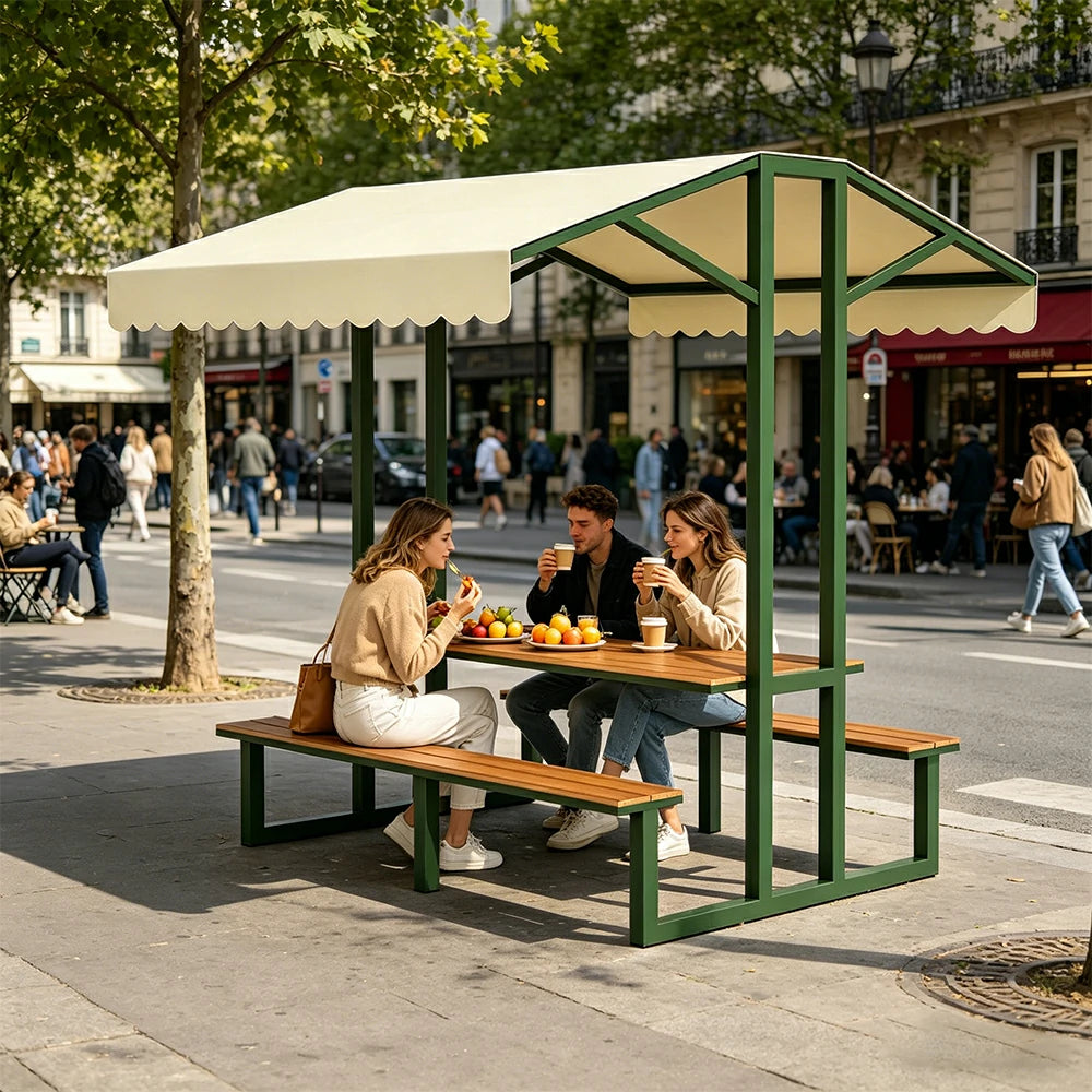 SOLARA Outdoor Table Bench Set with Canopy Metal Frame WPC Surface 120/160/200cm for Patio Garden Cafe - Dark Green
