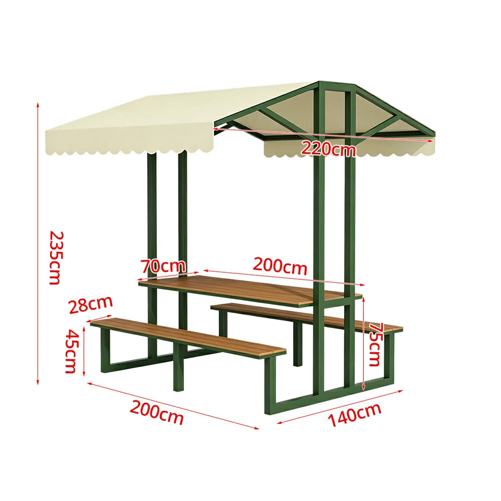 SOLARA Outdoor Table Bench Set with Canopy Metal Frame WPC Surface 120/160/200cm for Patio Garden Cafe - Dark Green