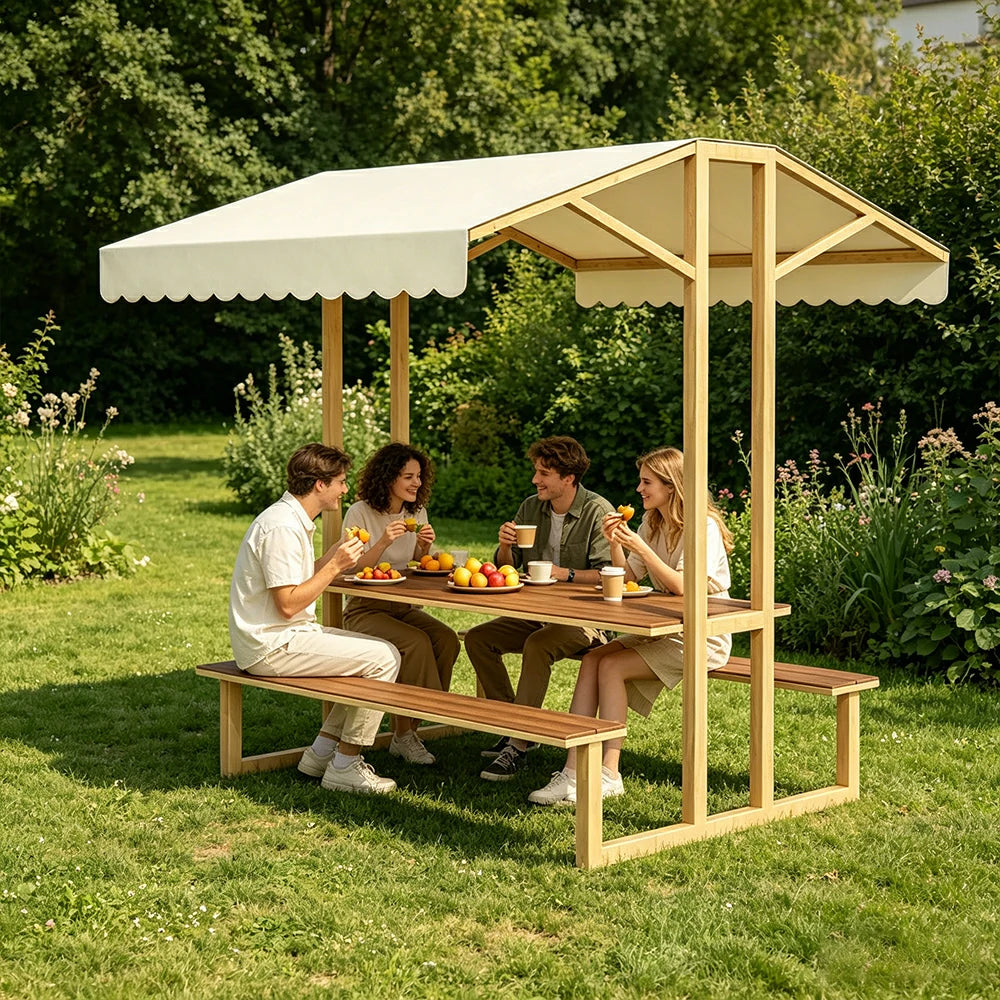 SOLARA Outdoor Table Bench Set with Canopy Metal Frame WPC Surface 120/160/200cm for Patio Garden Cafe - Wood