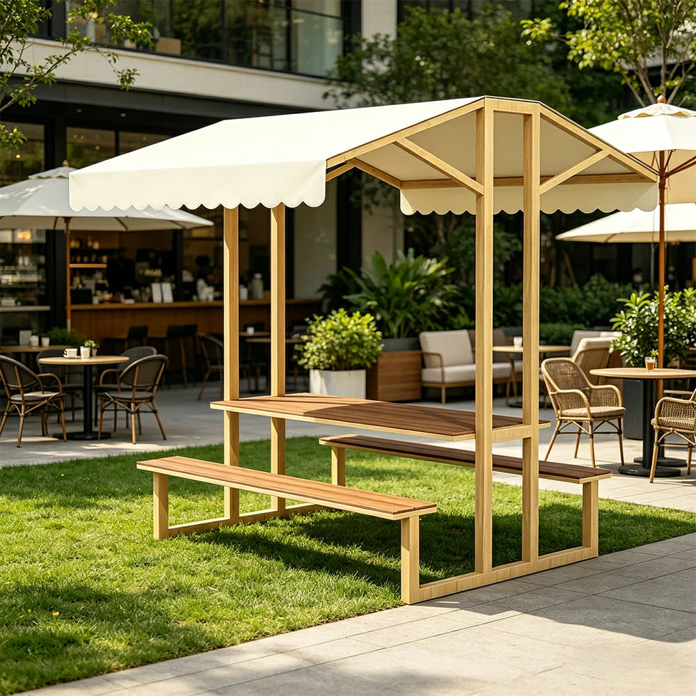 SOLARA Outdoor Table Bench Set with Canopy Metal Frame WPC Surface 120/160/200cm for Patio Garden Cafe - Wood