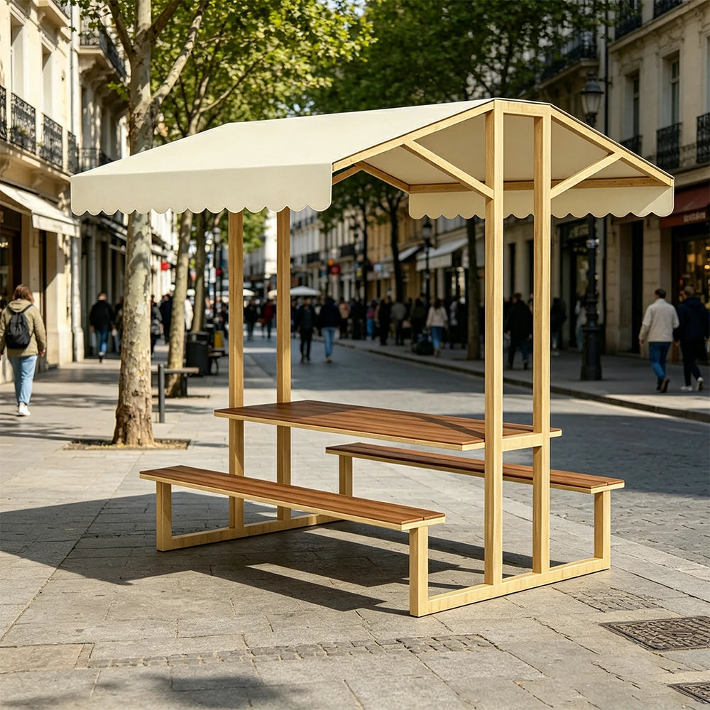 SOLARA Outdoor Table Bench Set with Canopy Metal Frame WPC Surface 120/160/200cm for Patio Garden Cafe - Wood