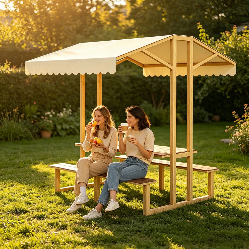 SOLARA Outdoor Table Bench Set with Canopy Metal Frame WPC Surface 120/160/200cm for Patio Garden Cafe - Wood