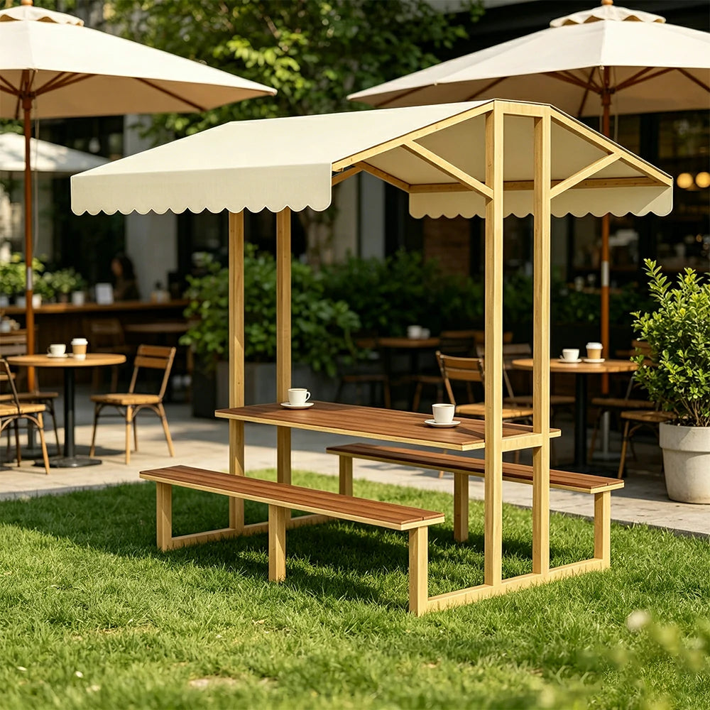 SOLARA Outdoor Table Bench Set with Canopy Metal Frame WPC Surface 120/160/200cm for Patio Garden Cafe - Wood