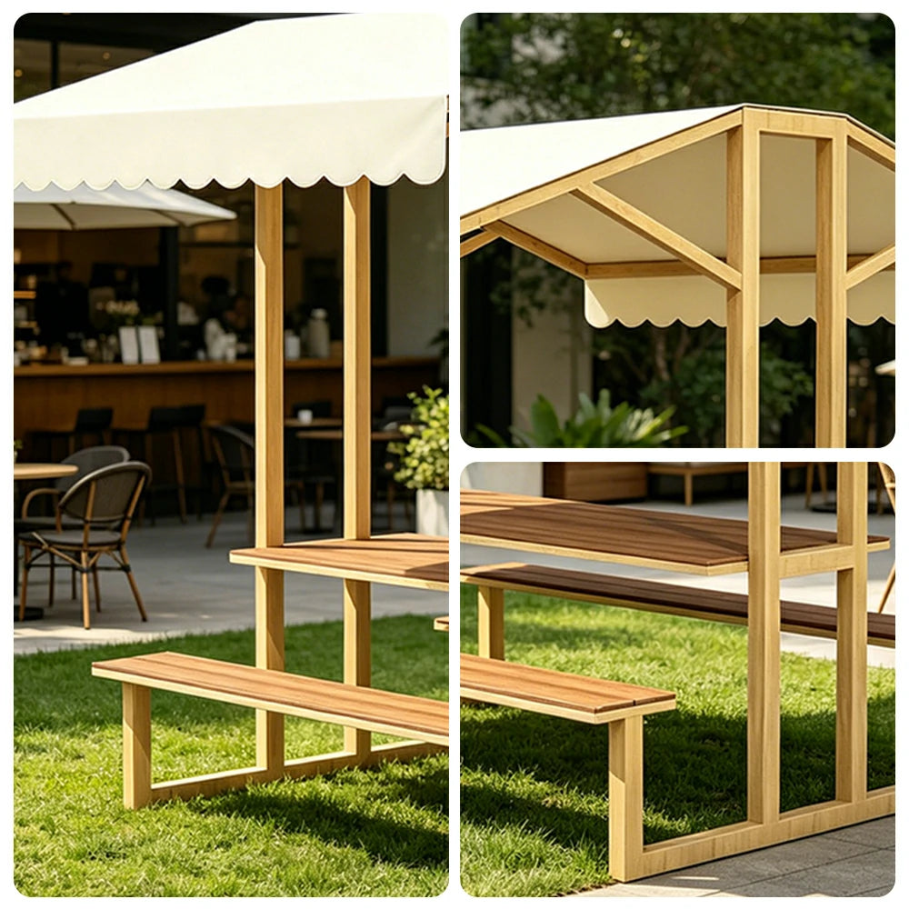 SOLARA Outdoor Table Bench Set with Canopy Metal Frame WPC Surface 120/160/200cm for Patio Garden Cafe - Wood