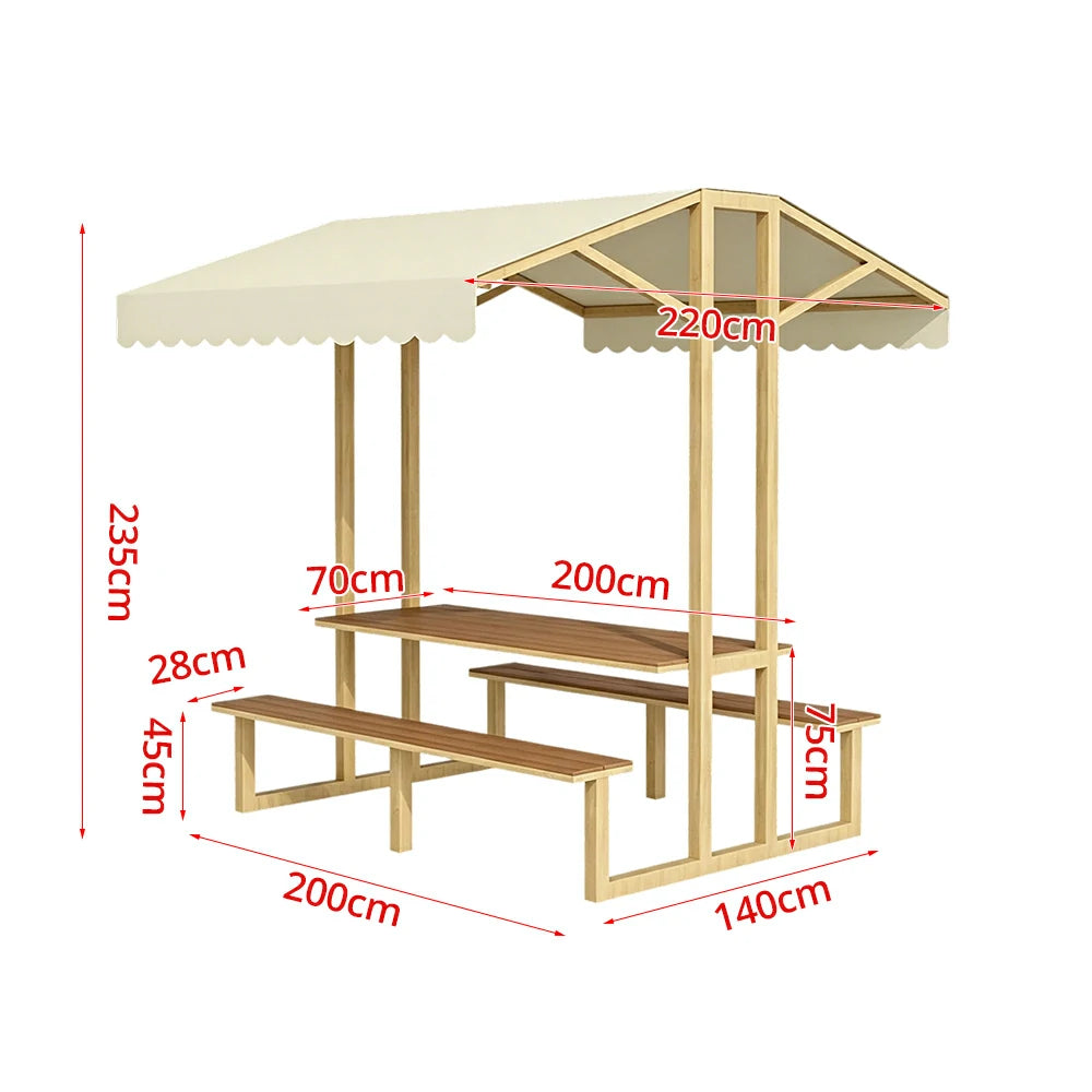 SOLARA Outdoor Table Bench Set with Canopy Metal Frame WPC Surface 120/160/200cm for Patio Garden Cafe - Wood