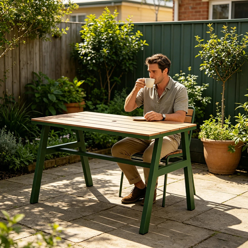 SOLARA Outdoor Dining Table WPC Top Heavy Duty Steel Frame 120/140/160cm for Patio Garden Cafe Restaurant - Dark Green