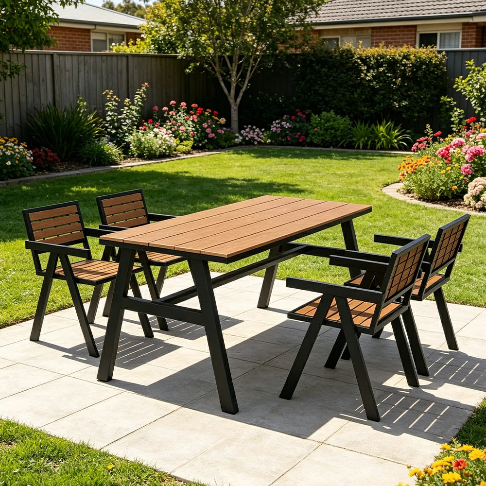 SOLARA Outdoor Dining Table Set 4 Chairs 120/140/160cm Patio Garden Cafe Use - Black