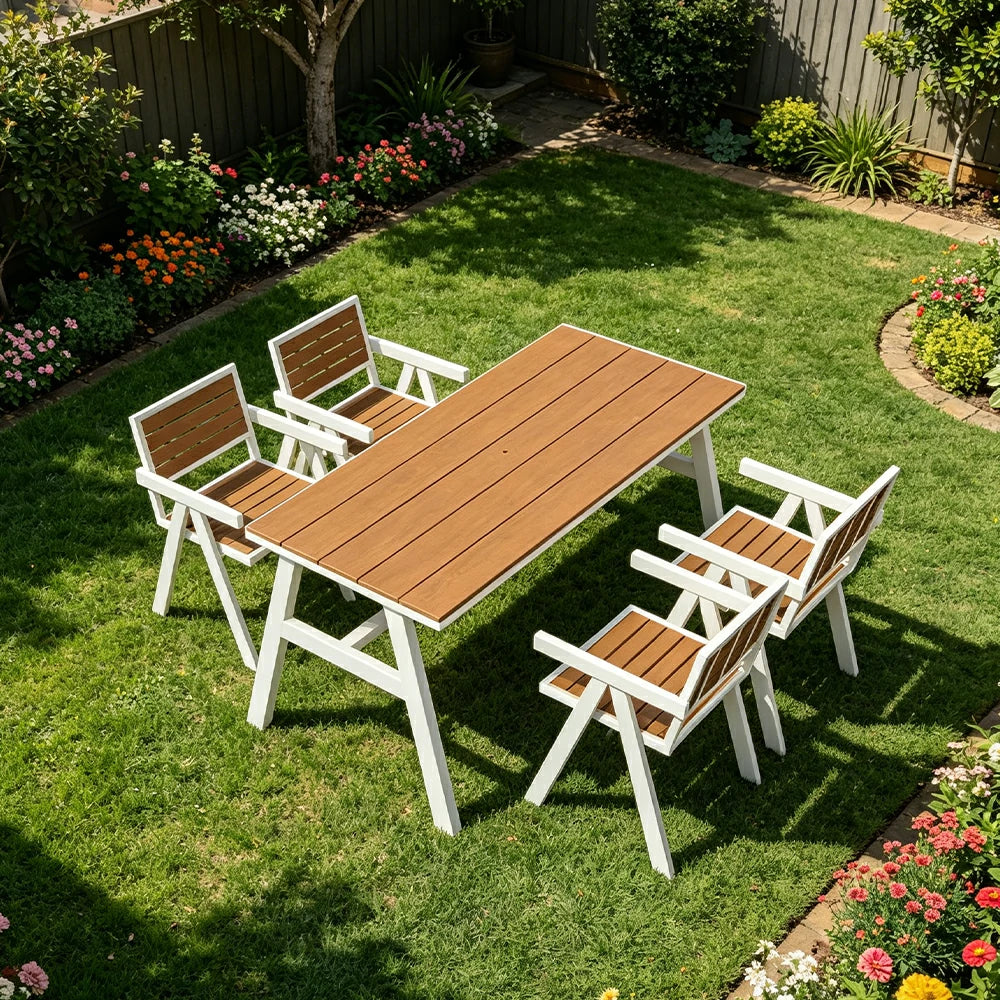 SOLARA Outdoor Dining Table Set 4 Chairs 120/140/160cm Patio Garden Cafe Use - White