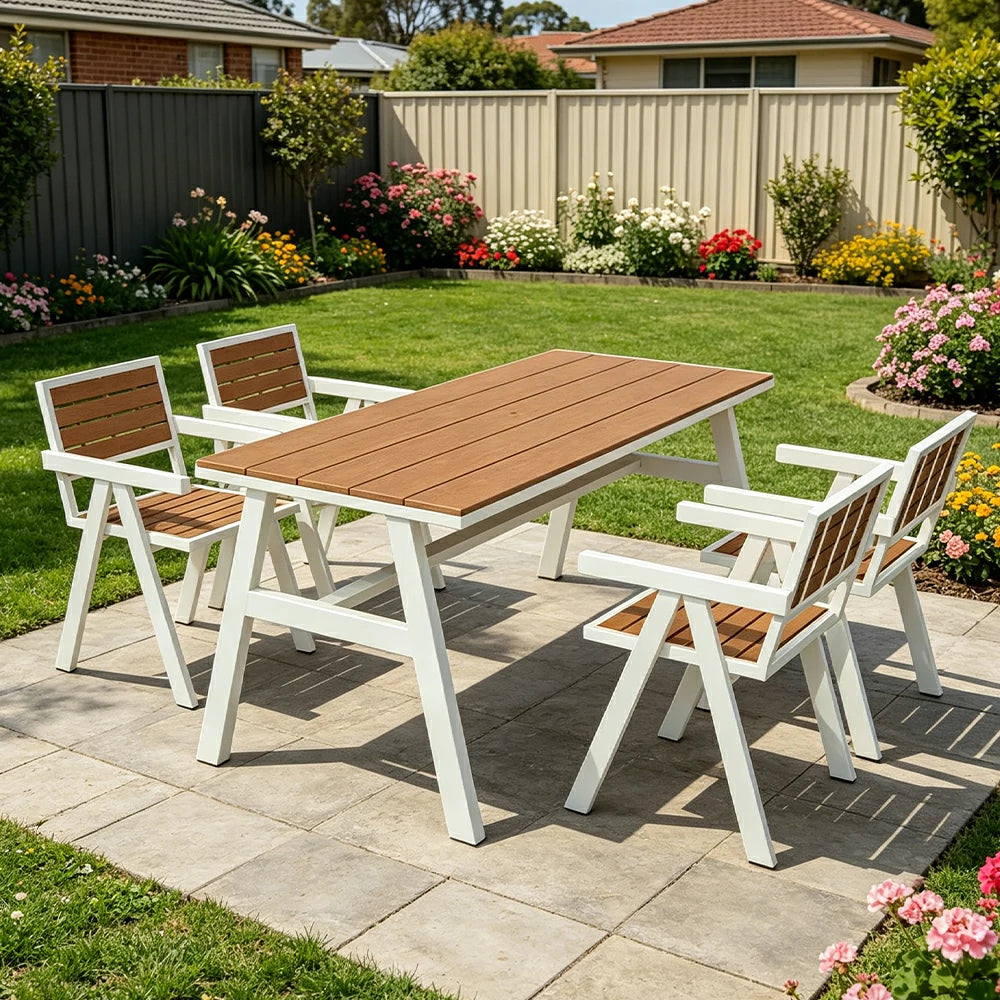 SOLARA Outdoor Dining Table Set 4 Chairs 120/140/160cm Patio Garden Cafe Use - White
