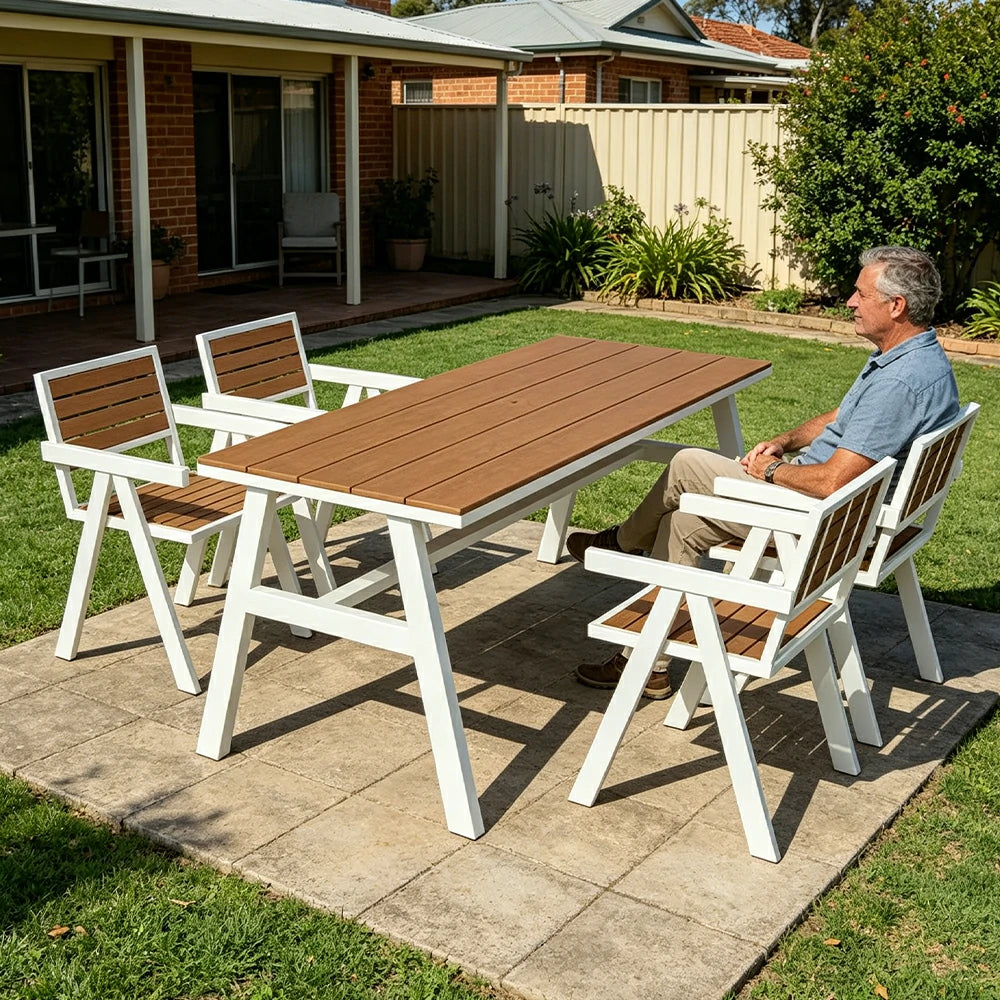 SOLARA Outdoor Dining Table Set 4 Chairs 120/140/160cm Patio Garden Cafe Use - White