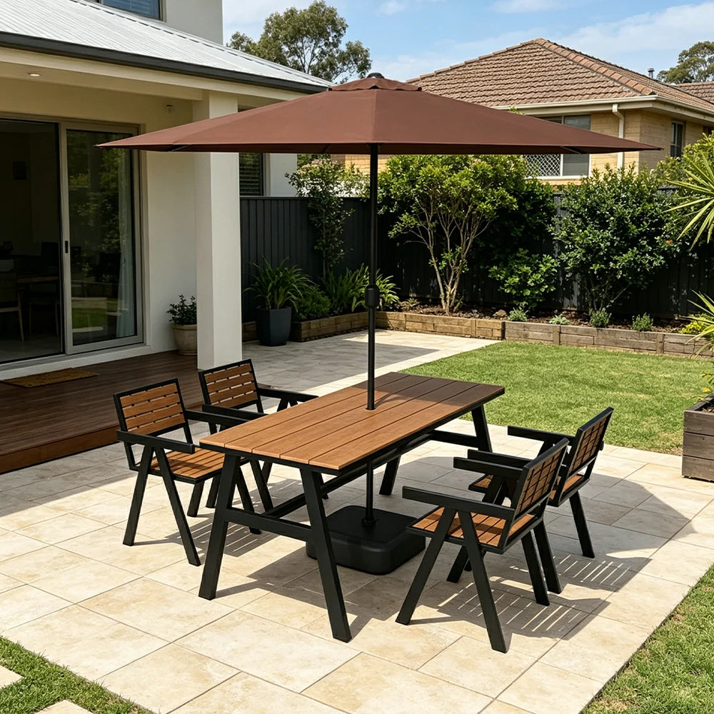 SOLARA Outdoor Table Chair Set with Umbrella 120/140/160cm Patio Garden Cafe Dining Set - Black