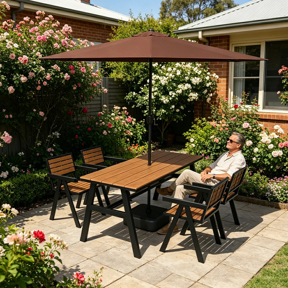SOLARA Outdoor Table Chair Set with Umbrella 120/140/160cm Patio Garden Cafe Dining Set - Black