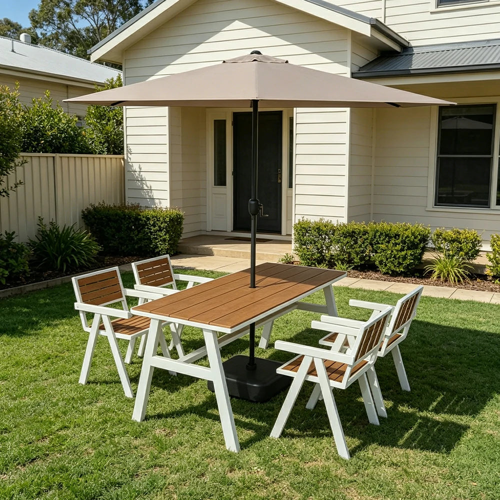 SOLARA Outdoor Table Chair Set with Umbrella 120/140/160cm Patio Garden Cafe Dining Set - White