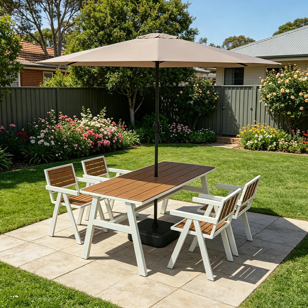 SOLARA Outdoor Table Chair Set with Umbrella 120/140/160cm Patio Garden Cafe Dining Set - White