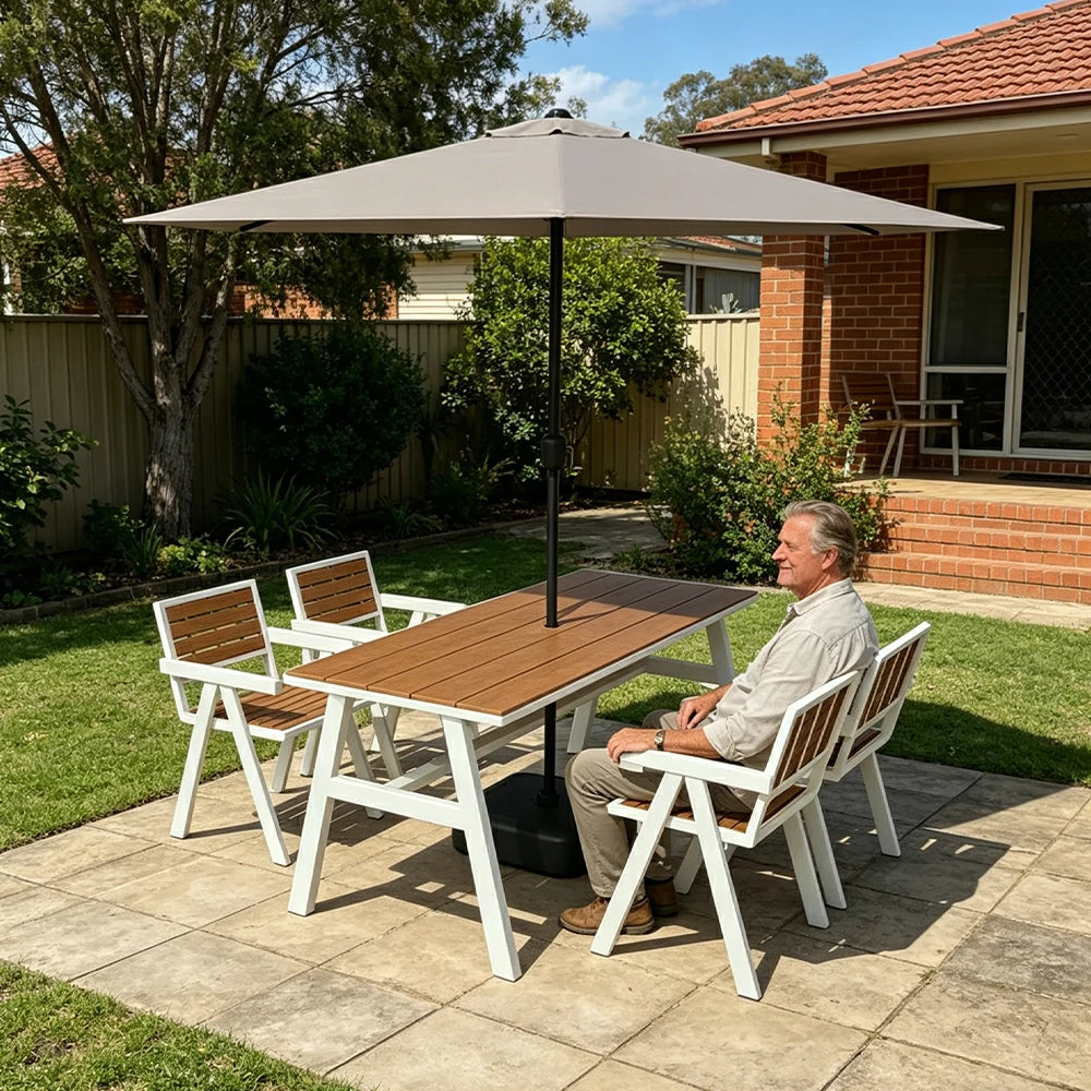 SOLARA Outdoor Table Chair Set with Umbrella 120/140/160cm Patio Garden Cafe Dining Set - White