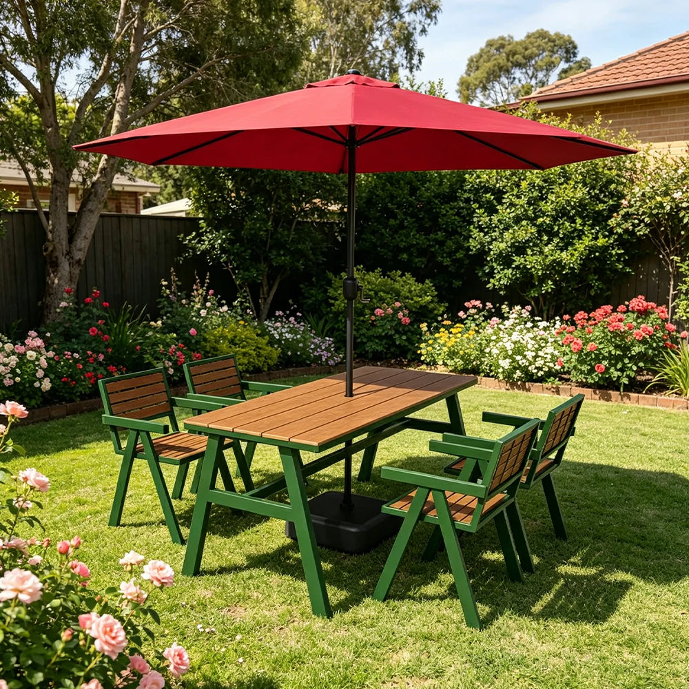 SOLARA Outdoor Table Chair Set with Umbrella 120/140/160cm Patio Garden Cafe Dining Set - Green