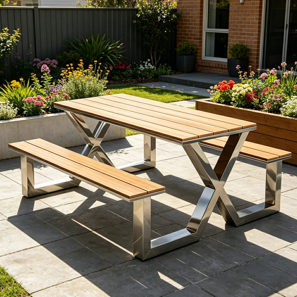 SOLARA Outdoor Table Bench Set Stainless Steel Frame 120/160/200cm Patio Cafe Commercial Use - Silver