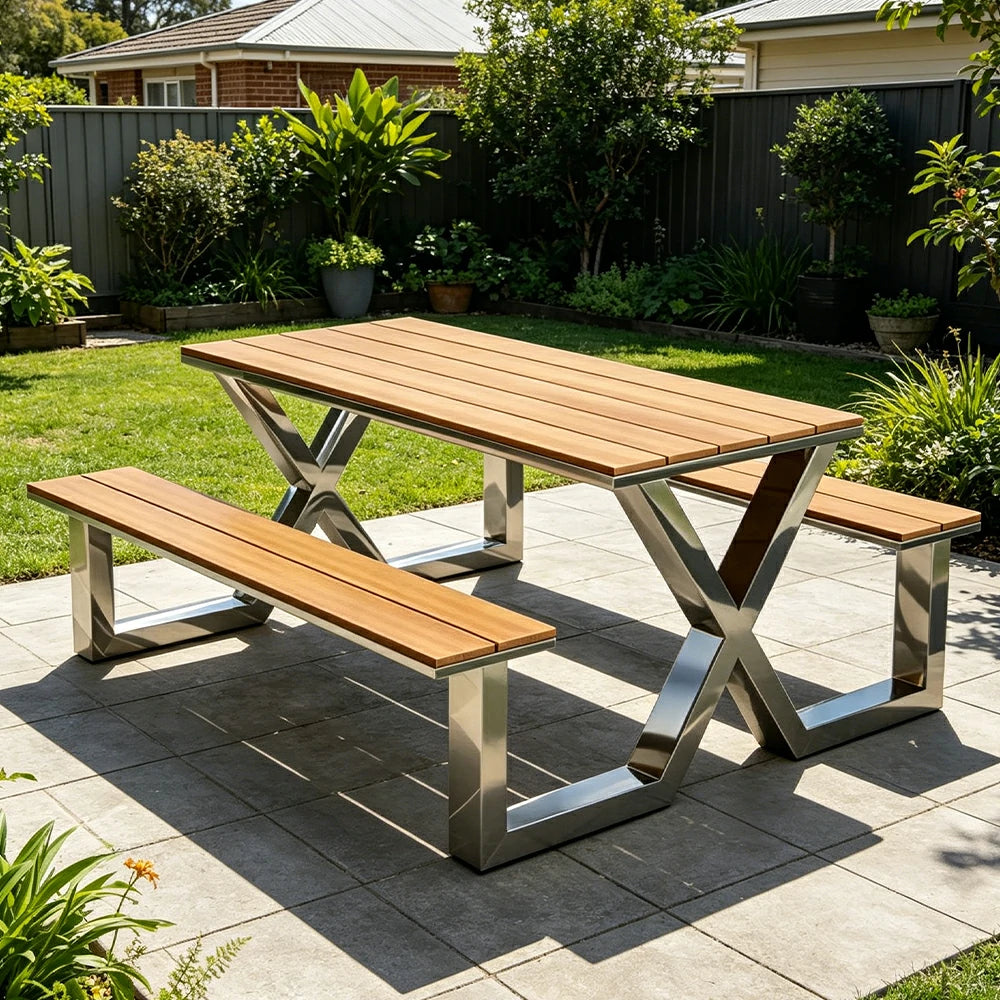 SOLARA Outdoor Table Bench Set Stainless Steel Frame 120/160/200cm Patio Cafe Commercial Use - Silver