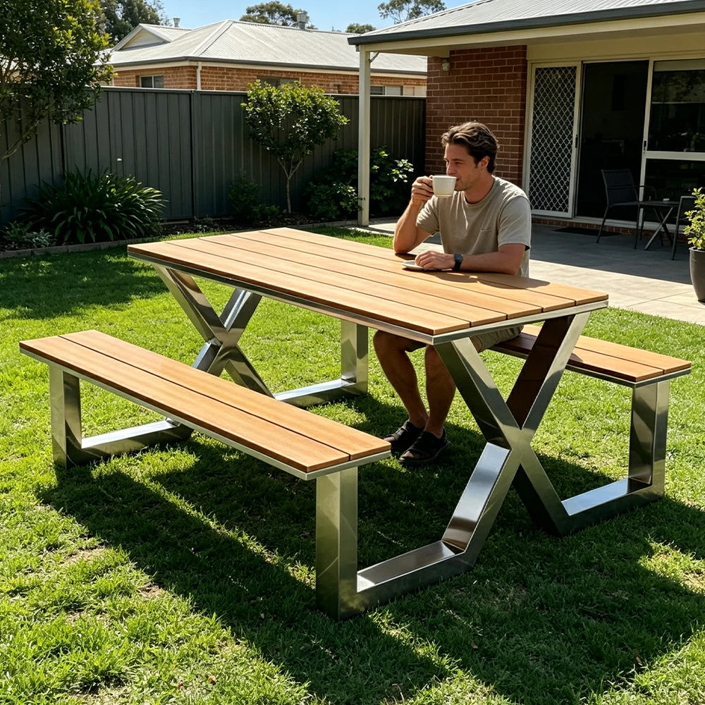 SOLARA Outdoor Table Bench Set Stainless Steel Frame 120/160/200cm Patio Cafe Commercial Use - Silver