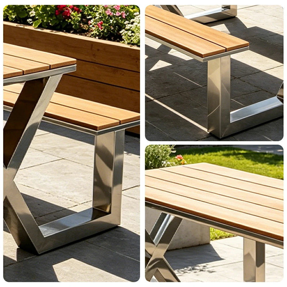 SOLARA Outdoor Table Bench Set Stainless Steel Frame 120/160/200cm Patio Cafe Commercial Use - Silver