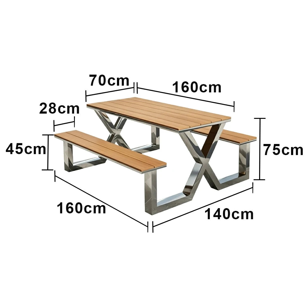 SOLARA Outdoor Table Bench Set Stainless Steel Frame 120/160/200cm Patio Cafe Commercial Use - Silver