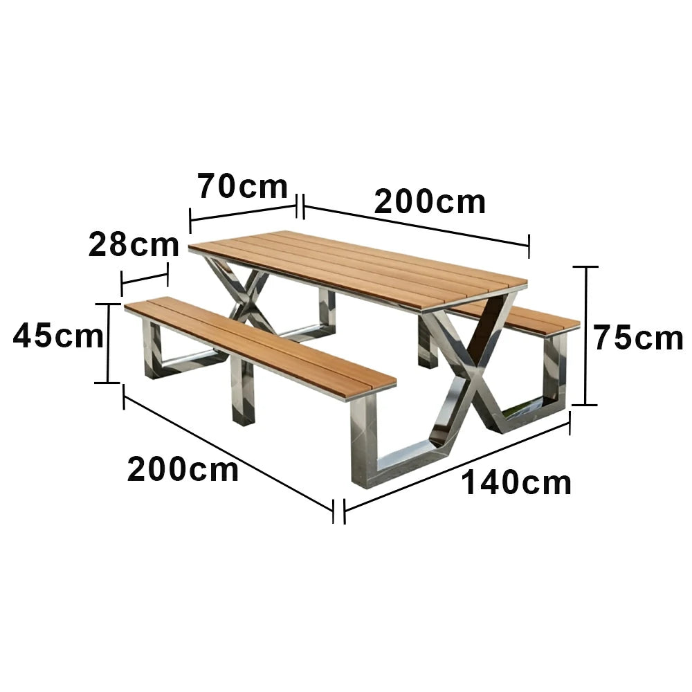 SOLARA Outdoor Table Bench Set Stainless Steel Frame 120/160/200cm Patio Cafe Commercial Use - Silver