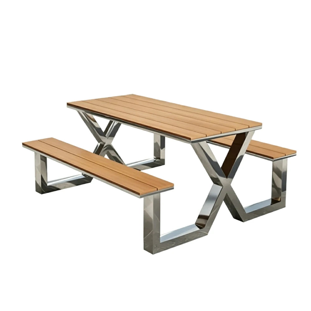 SOLARA Outdoor Table Bench Set Stainless Steel Frame 120/160/200cm Patio Cafe Commercial Use - Silver