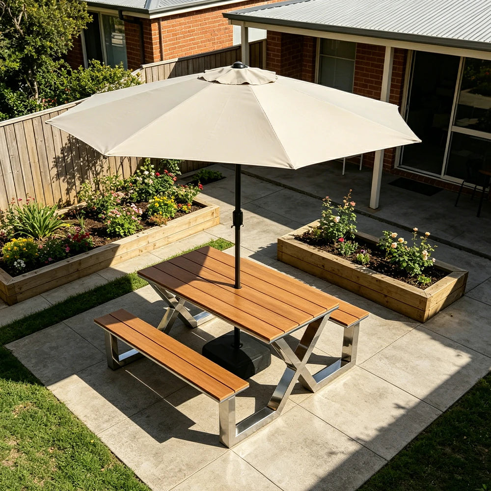 SOLARA Outdoor Table Bench Set Stainless Steel Frame with Umbrella 120/160/200cm Patio Cafe Commercial Use - Silver