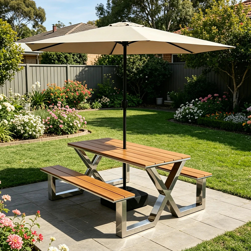 SOLARA Outdoor Table Bench Set Stainless Steel Frame with Umbrella 120/160/200cm Patio Cafe Commercial Use - Silver