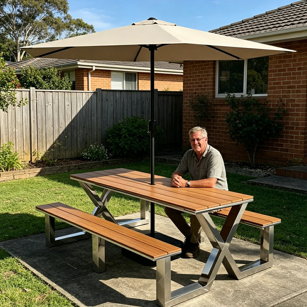 SOLARA Outdoor Table Bench Set Stainless Steel Frame with Umbrella 120/160/200cm Patio Cafe Commercial Use - Silver